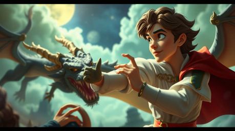 A charming prince, rendered in a captivating 1950s animation style, engages in a fantastical battle against a fearsome dragon