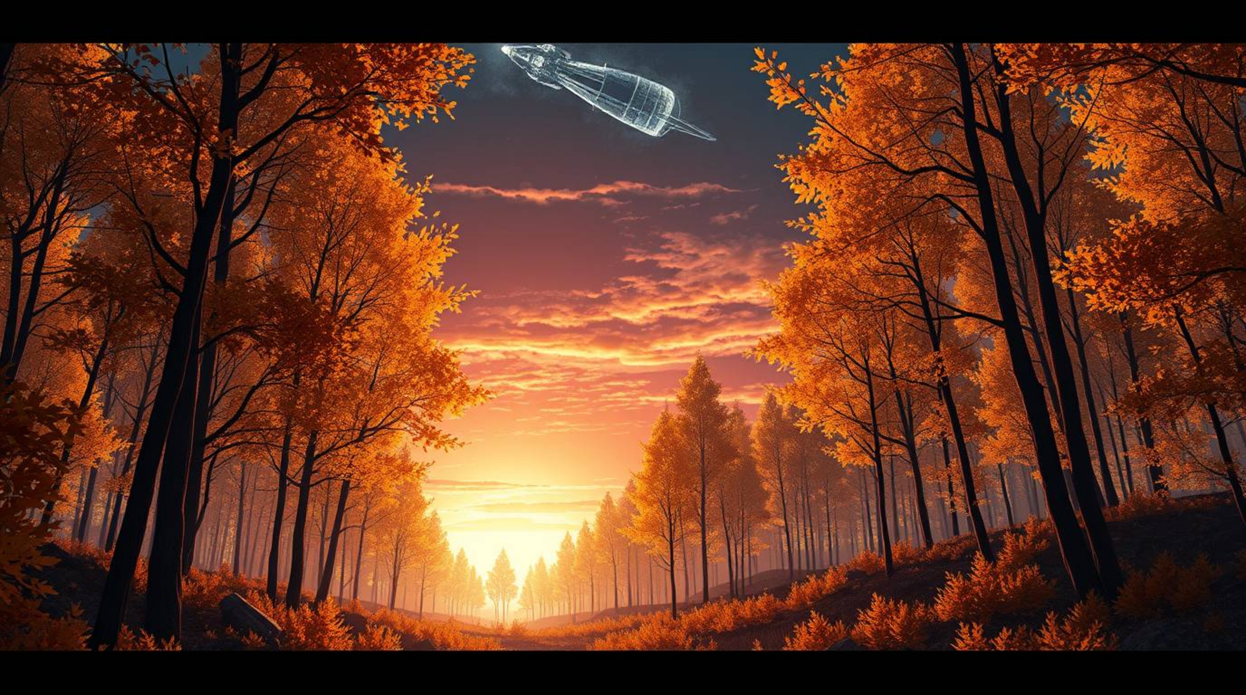 Immerse yourself in a futuristic sci-fi illustration showcasing an autumn forest bathed in the golden light of a dramatic sun