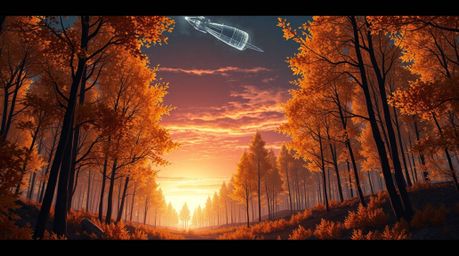 Immerse yourself in a futuristic sci-fi illustration showcasing an autumn forest bathed in the golden light of a dramatic sun