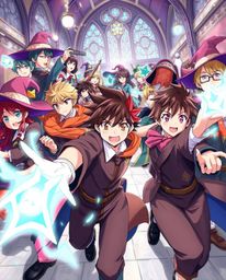 Immerse yourself in a dynamic Isekai anime-style illustration featuring a magical school teeming with expressive young wizard