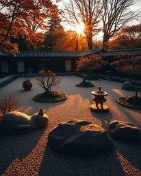 A serene Zen garden bathed in warm autumn hues, sunset glow casting long shadows, elegant and graceful features, earthy tones