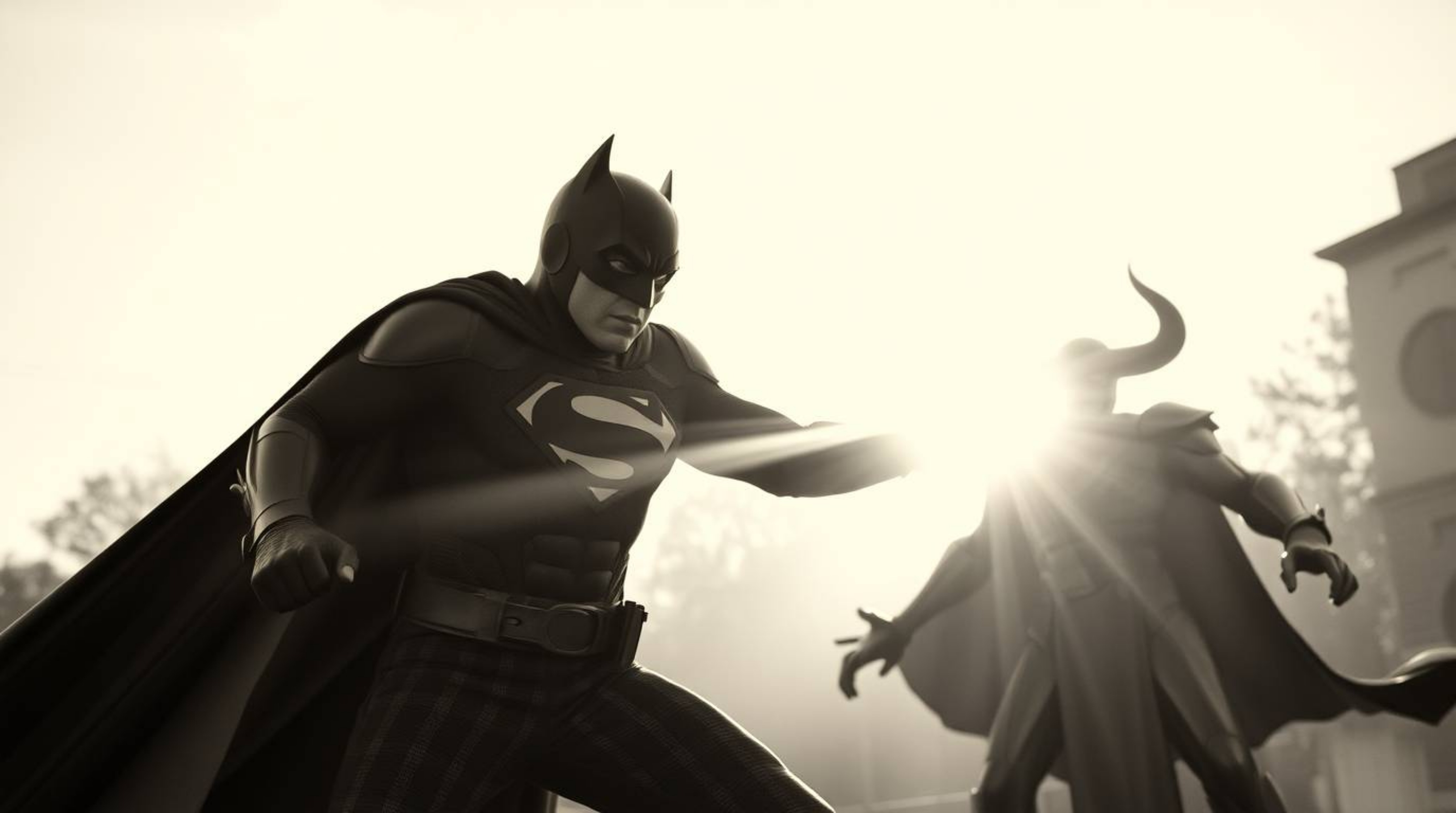 A timeless and elegant battle unfolds in a classic black and white image bathed in the warm glow of golden hour light. A supe