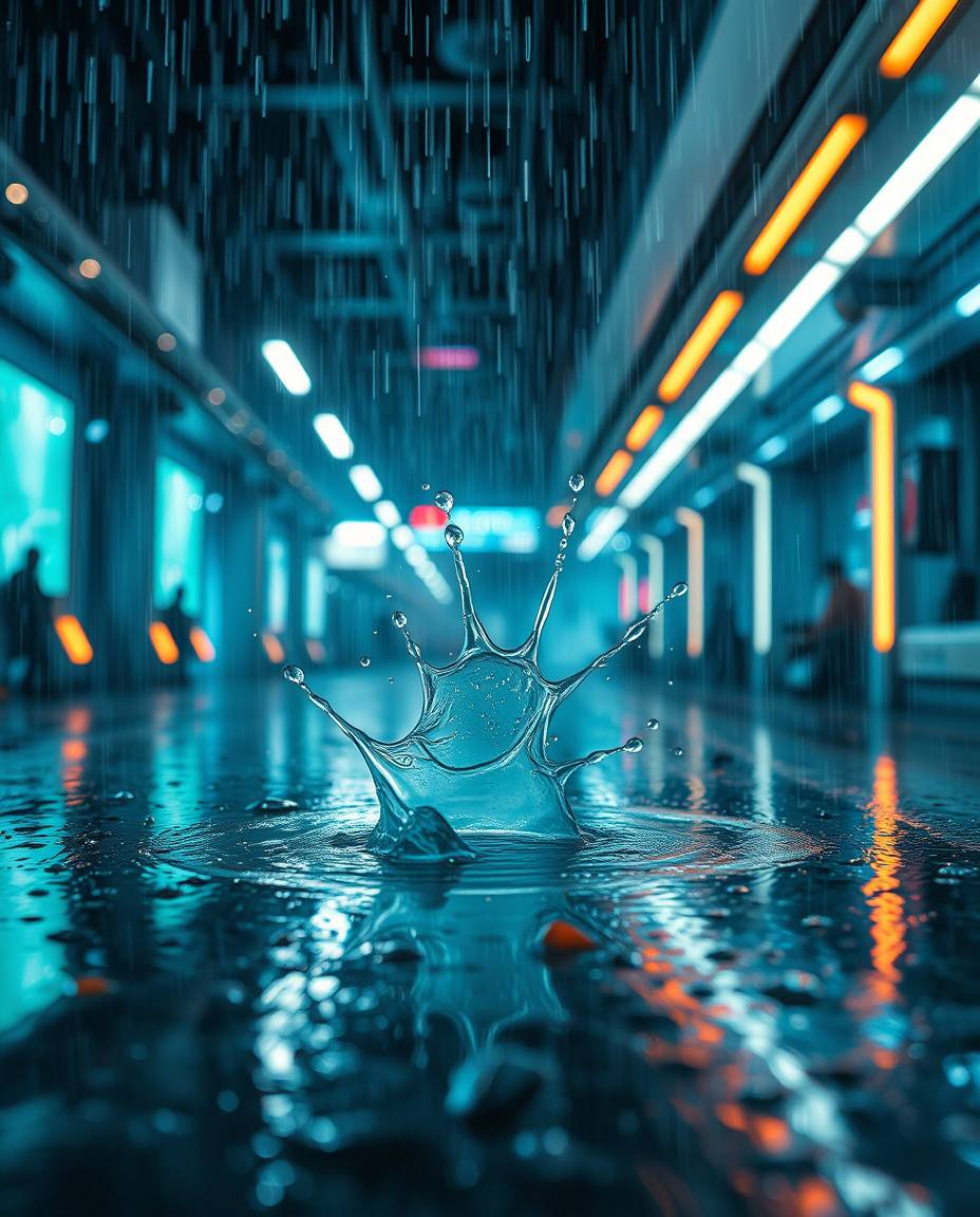 Explore a futuristic sci-fi scene captured in a high-speed photograph, showcasing a vibrant paint splash amidst a wet and rai