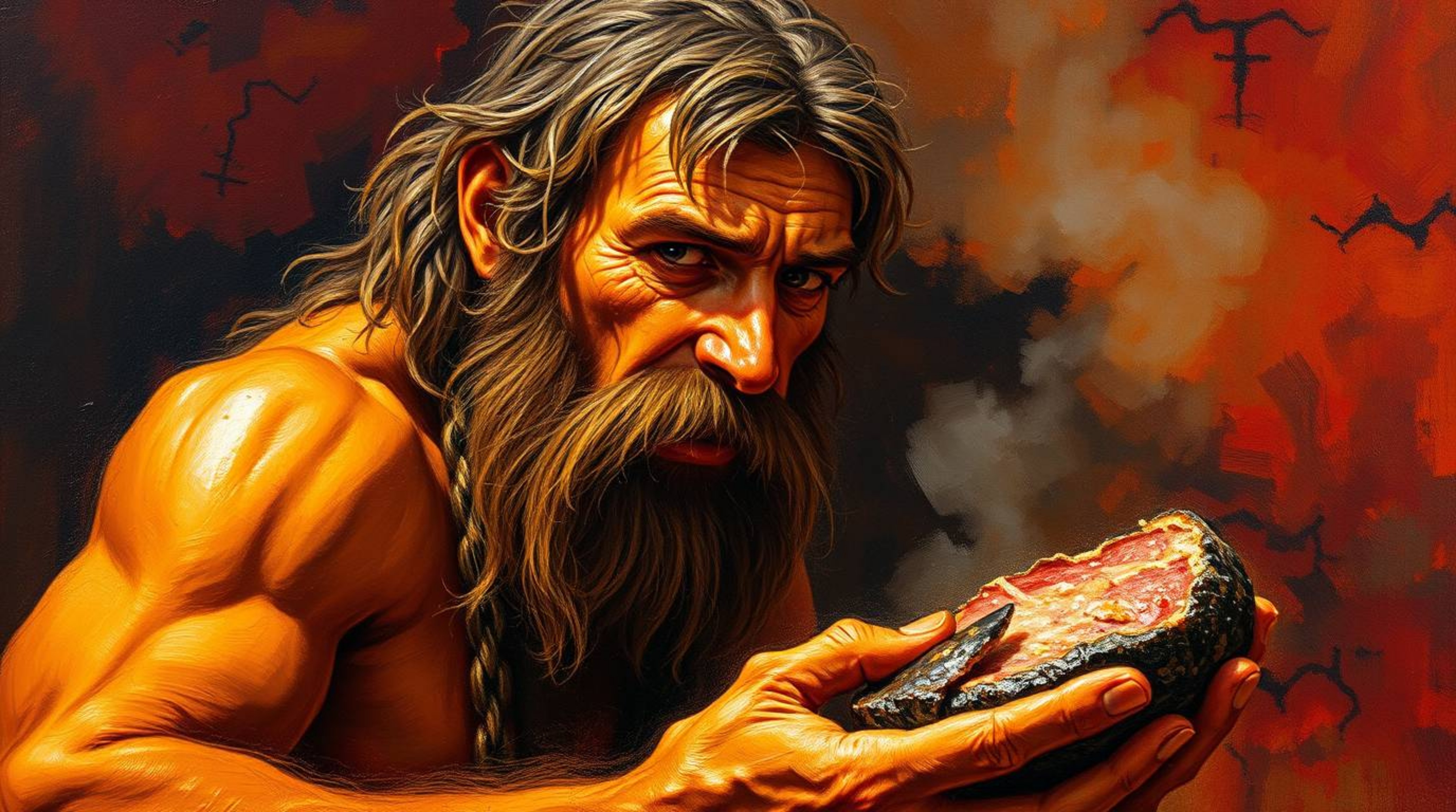 An oil painting in warm tones of red, orange, and yellow depicts a rugged caveman cooking mammoth meat. The artwork features 