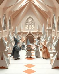 Explore a magical school brimming with young wizards, meticulously crafted in a stunning origami style. This artwork showcase