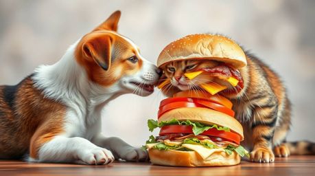 A high-resolution stock photo captures a comical scene of a dog and cat intensely vying for possession of a large sandwich. T