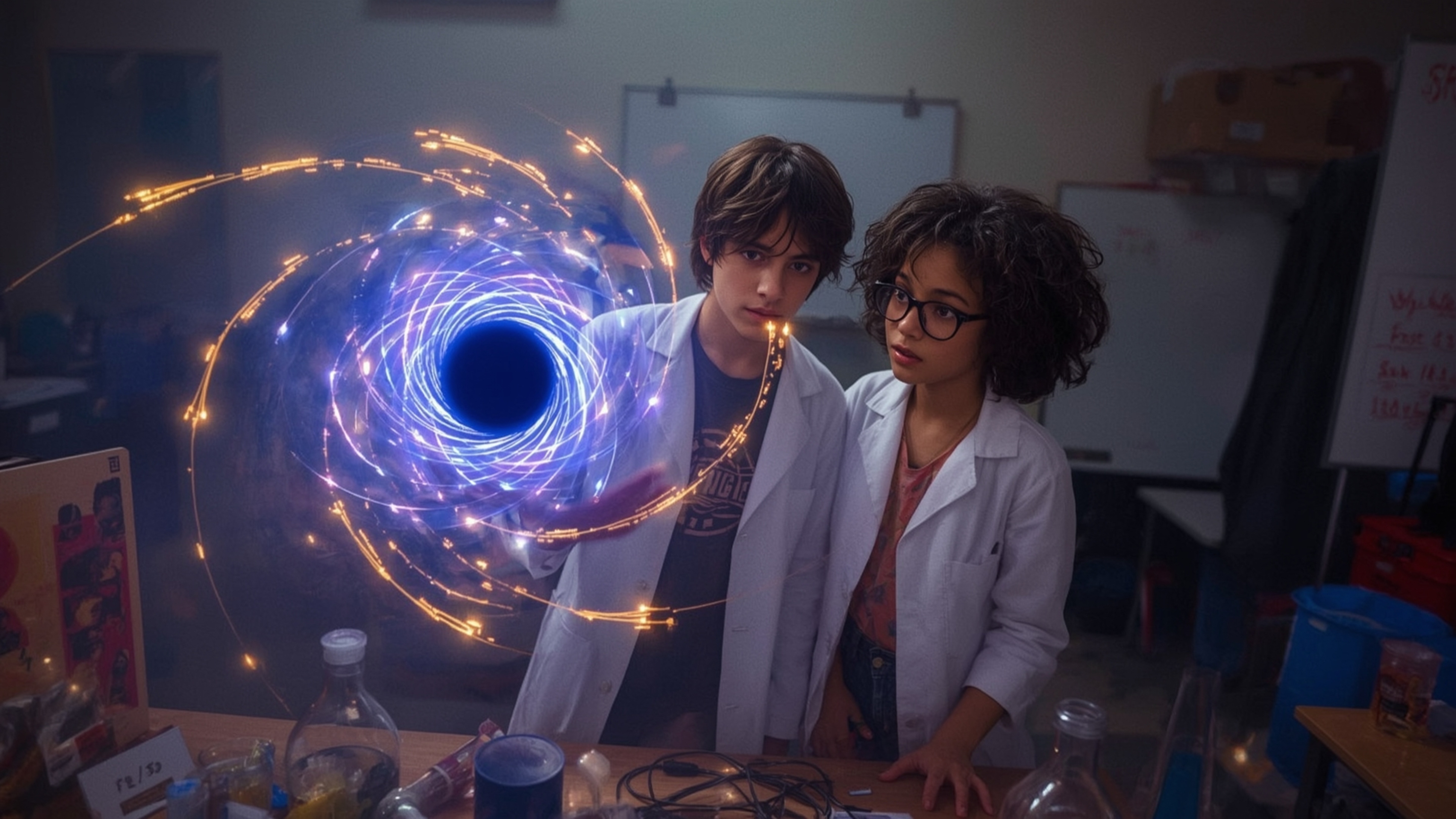 In a highly detailed, cinematic photo with a vibrant, Pixar-inspired color palette, a dynamic science fair duo—a curious boy 