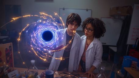 In a highly detailed, cinematic photo with a vibrant, Pixar-inspired color palette, a dynamic science fair duo—a curious boy 