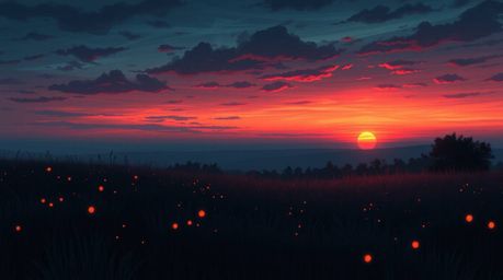 A sophisticated and elegant digital painting depicts a tranquil sunset over a quiet meadow.  Fireflies begin to emerge as the