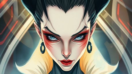 Explore a villain with delicate features and fair skin, residing in a high-tech lair bathed in artistic lighting and abstract