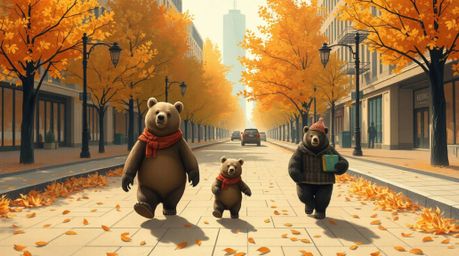 A charming bear family embarks on a whimsical urban adventure, navigating the city streets in a warm autumn glow.  Their jour