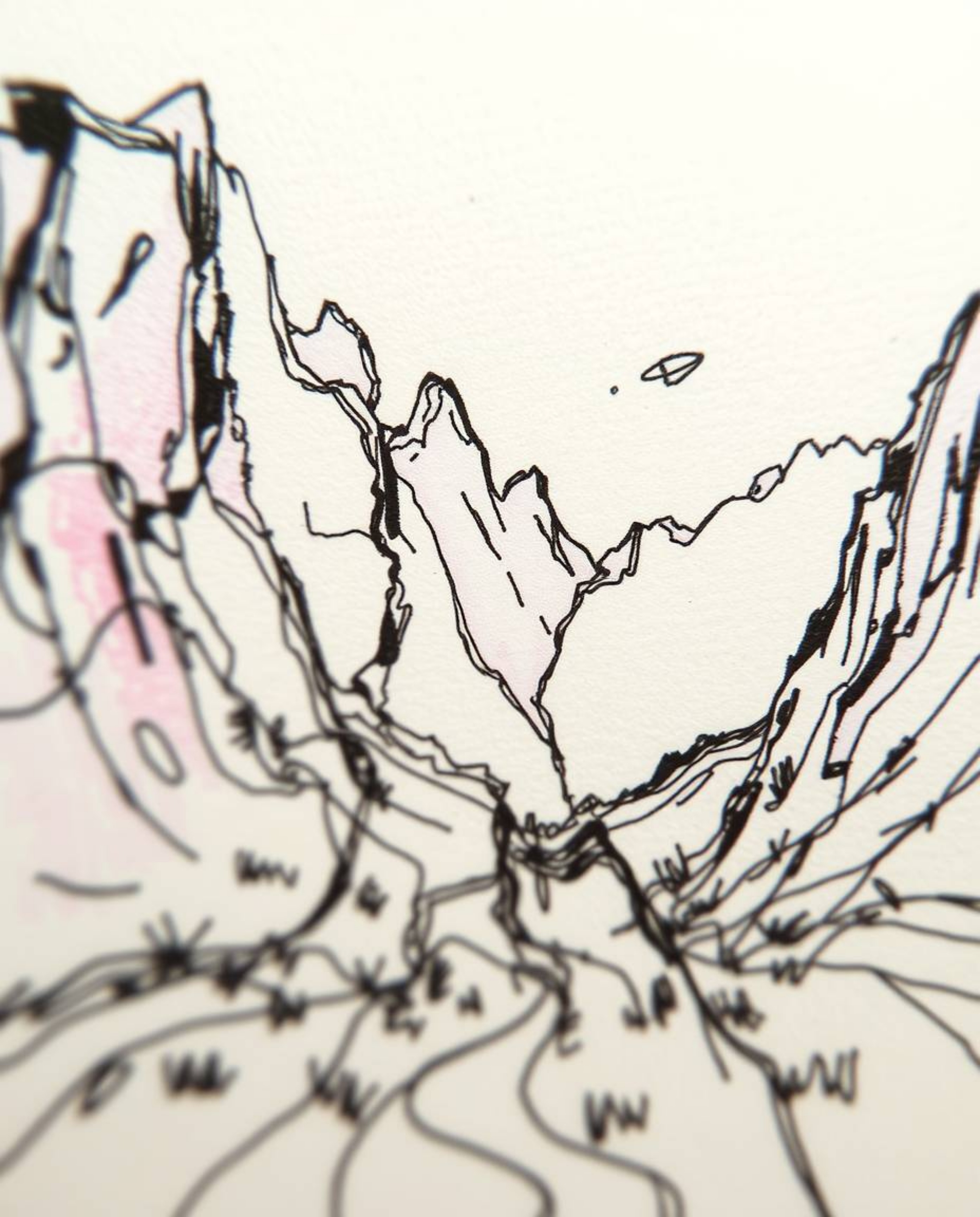 This image showcases a hand-drawn sketch of a digital glitch landscape undergoing fragmentation.  Captured in a tight close-u