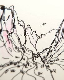 This image showcases a hand-drawn sketch of a digital glitch landscape undergoing fragmentation.  Captured in a tight close-u
