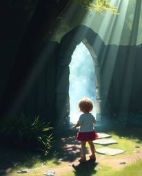 A captivating digital painting depicts a child's wondrous discovery of a magical portal nestled within their backyard. The a