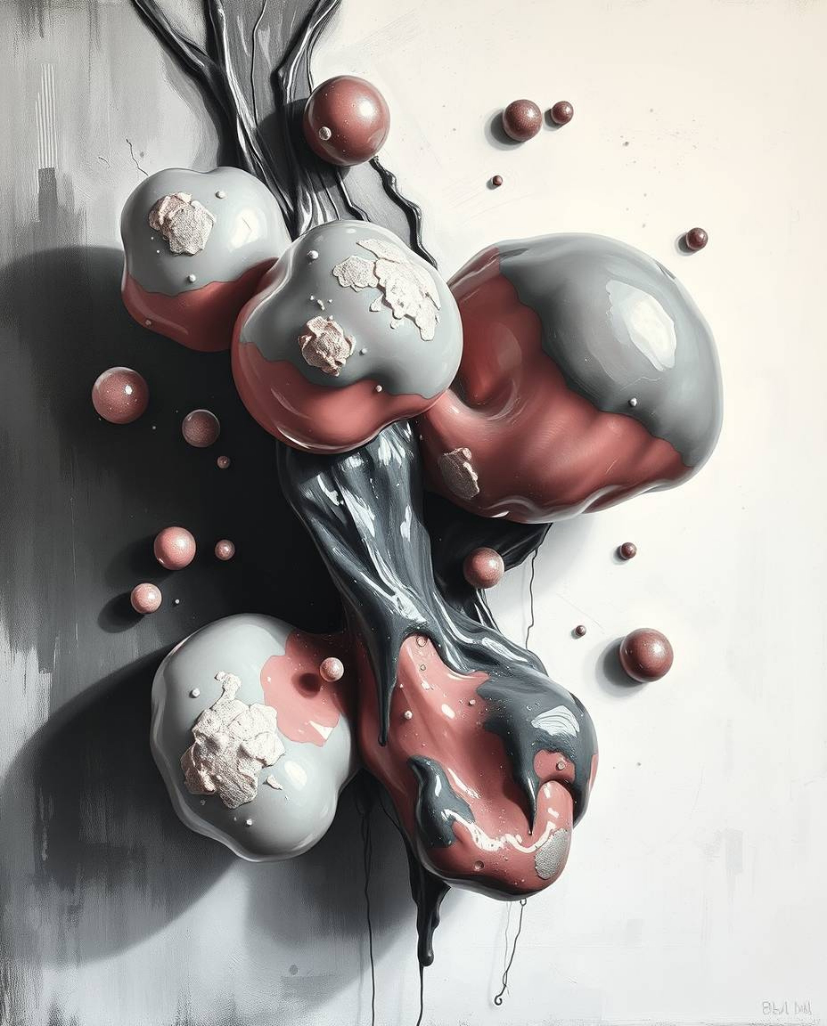 A classic black and white oil painting featuring floating 3D blobs of vibrant, fluid jelly with synthetic textures creates a 