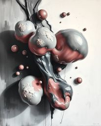A classic black and white oil painting featuring floating 3D blobs of vibrant, fluid jelly with synthetic textures creates a 