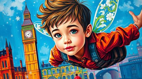 This vibrant acrylic painting depicts a young boy with expressive eyes and tousled hair soaring above a vividly colored Londo