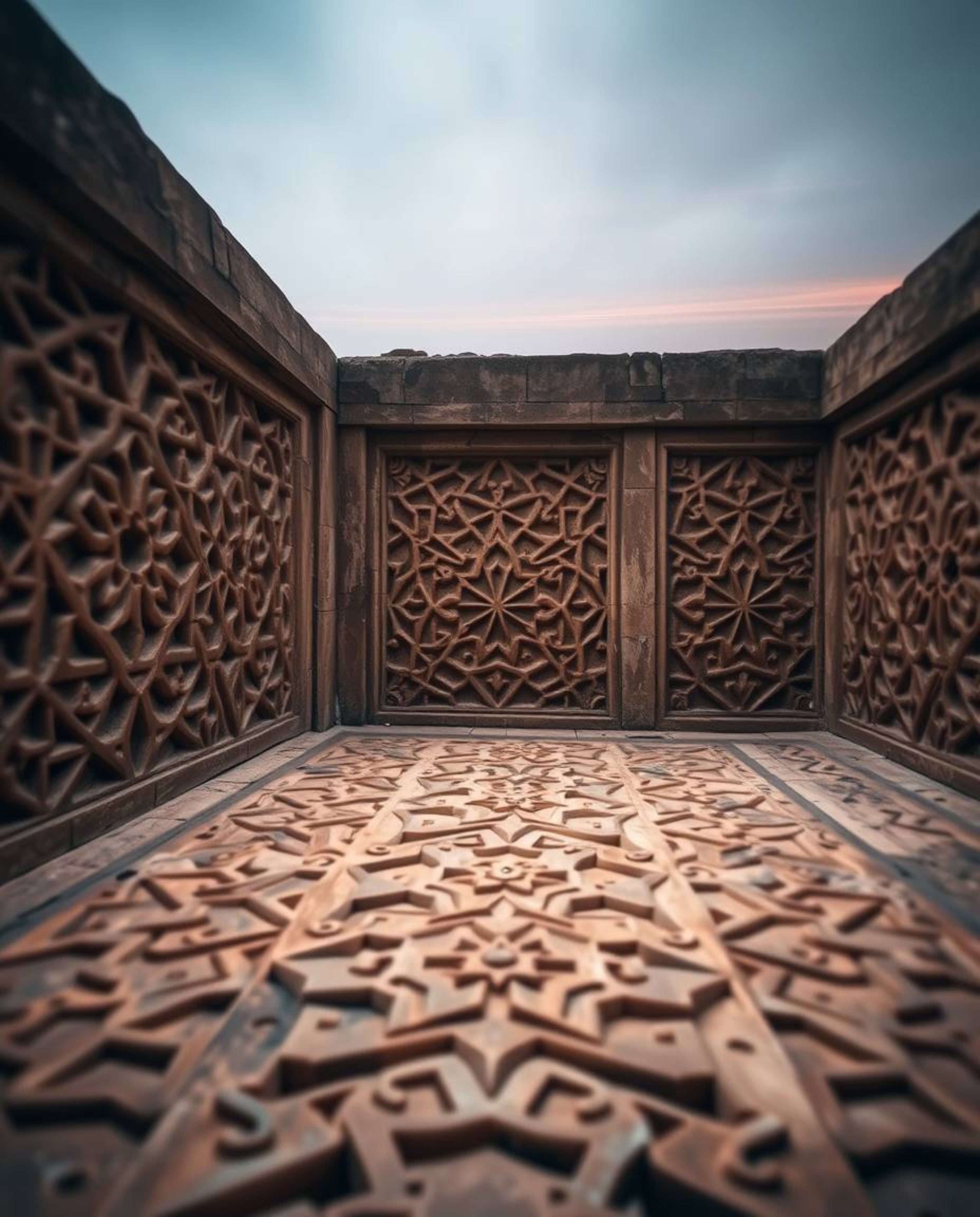 Explore the mesmerizing beauty of Islamic geometric patterns carved in stone through long-exposure photography.  These images