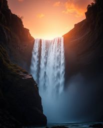 Fine art photography of a dramatic waterfall at sunset, lit by warm candlelight. This professional editorial style piece feat
