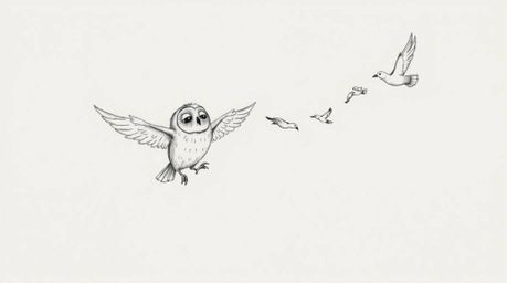 A charming hand-drawn sketch in the style of Pixar features a blind owl, rendered with soft, textured pencil strokes, teachin