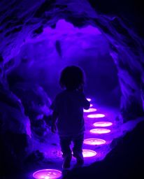 A captivating high-contrast image depicts a child with dark hair venturing into a cave, guided by glowing purple footsteps.  