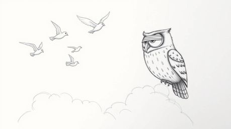 A heartwarming hand-drawn pencil sketch in the style of Pixar depicts a blind owl, radiating pride, guiding a flock of birds 