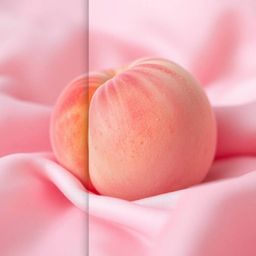 Experience the soothing visual ASMR with this distinct split, close-up image of a soft, blushing pink peach.  Delicate fuzzy 