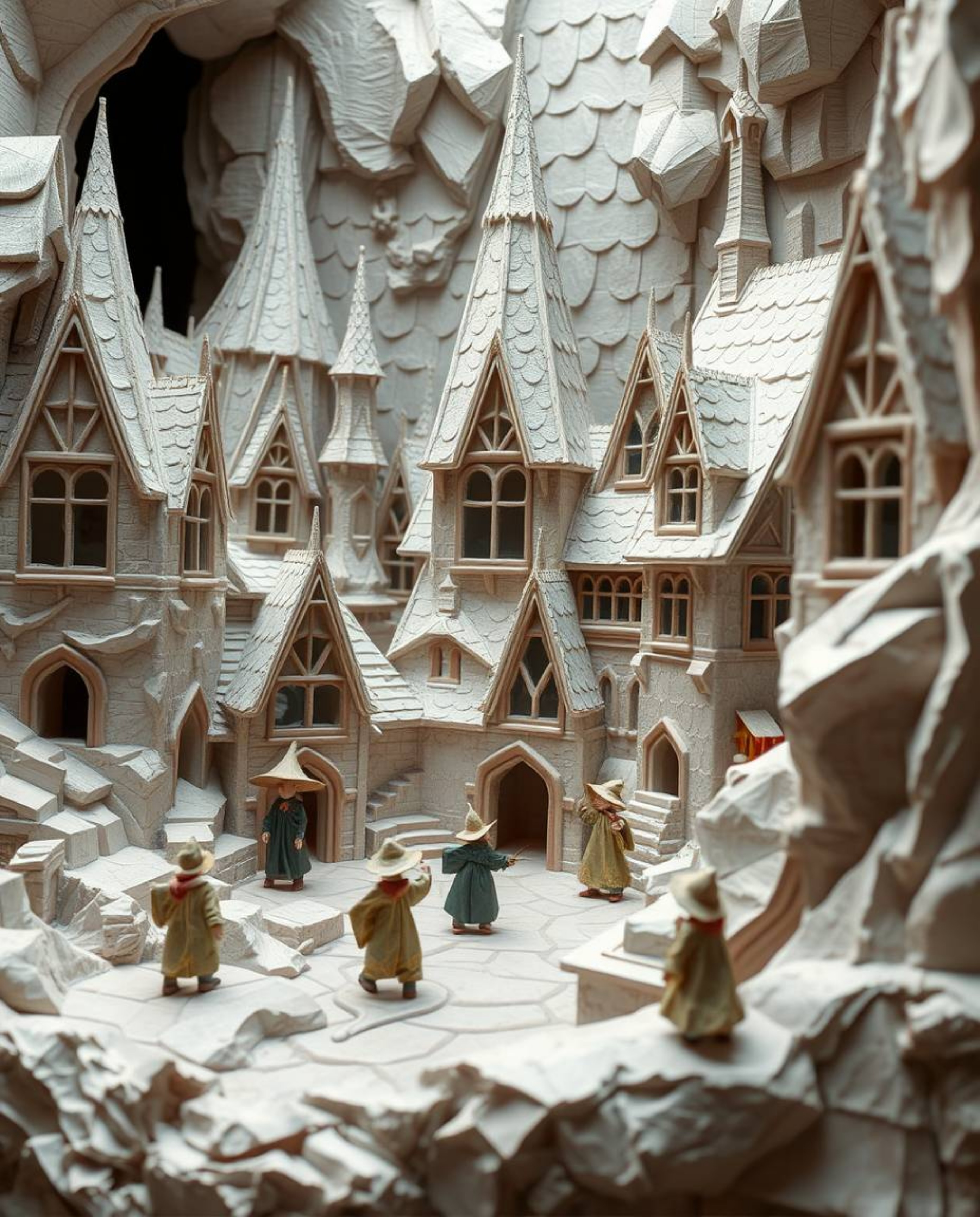 Explore a whimsical world with this sculpted, textured depiction of a magical school brimming with young wizards. Crafted met