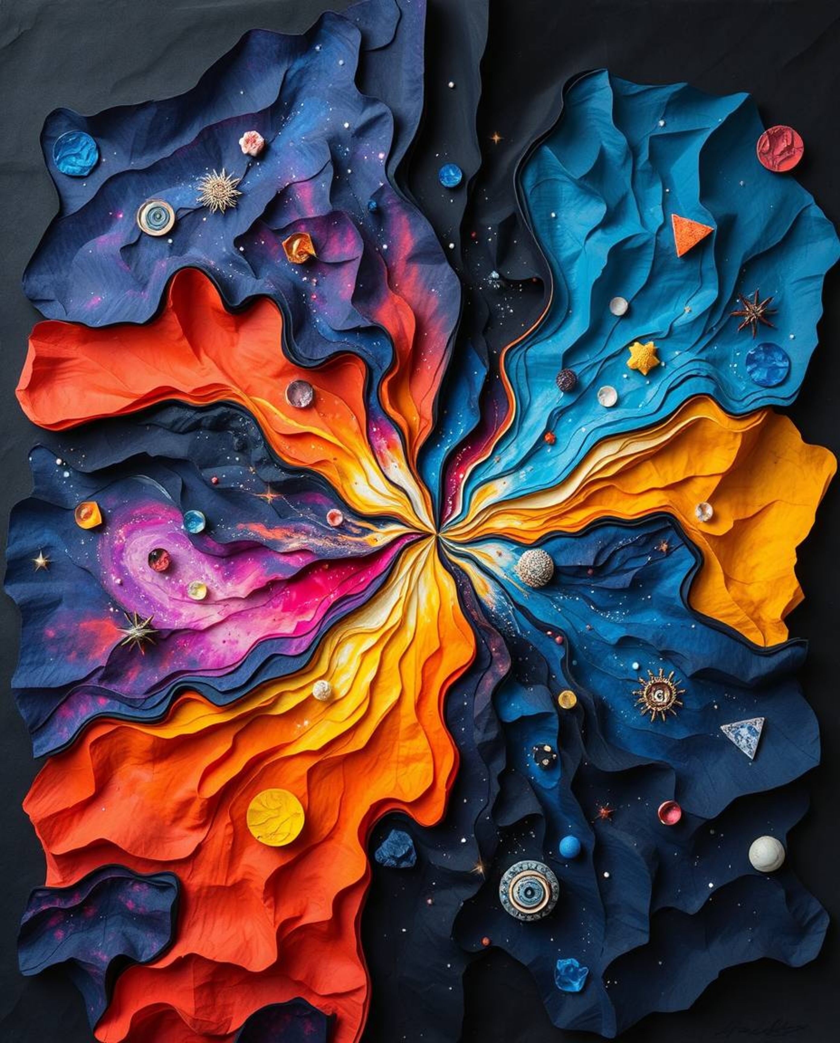 This stunning artwork depicts colliding galaxies in a vibrant cosmic explosion, crafted using a unique layered papier-mâché t