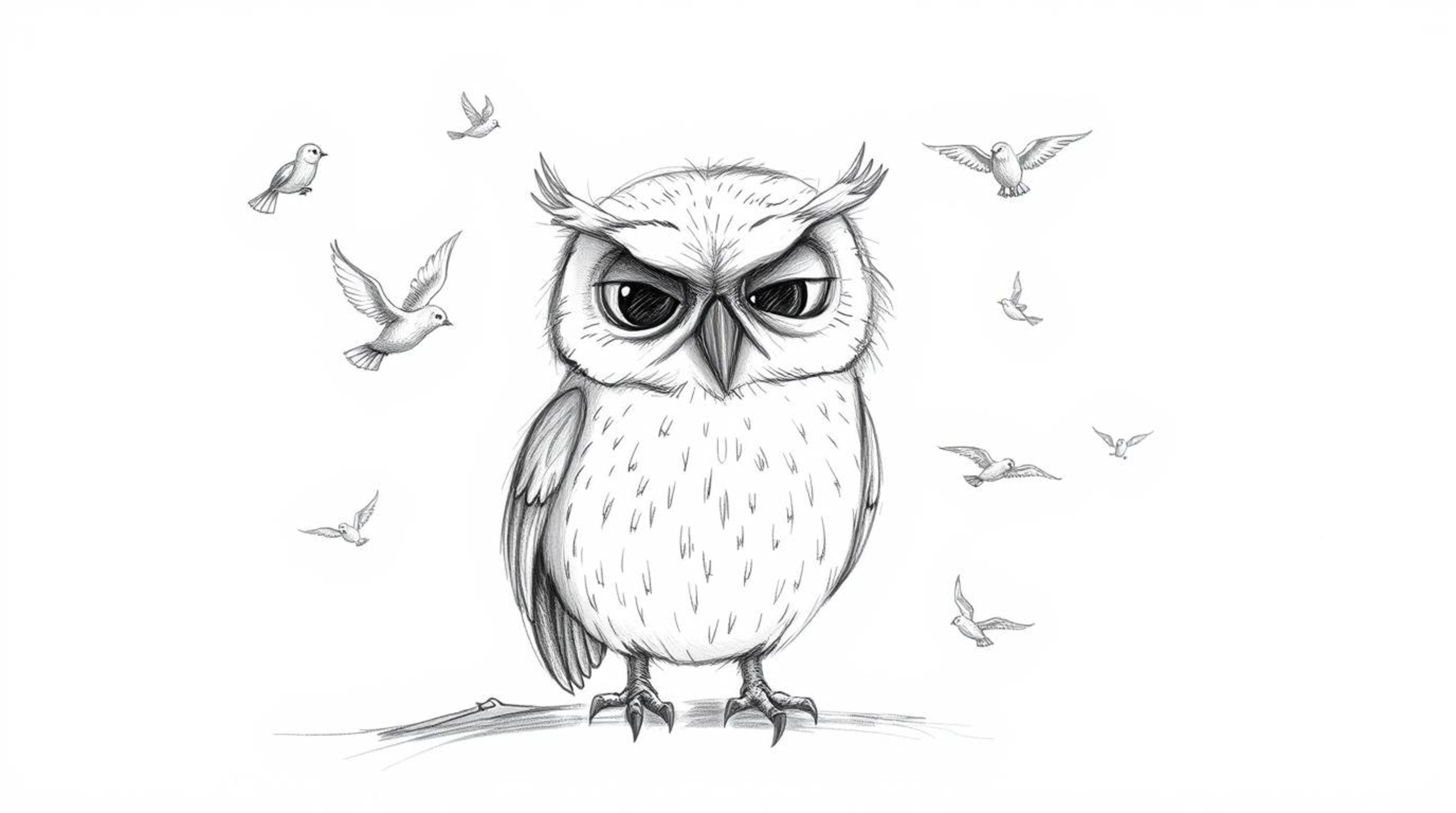 This charming hand-drawn sketch, inspired by Pixar's visual style, depicts a blind owl with a calm and serene demeanor. Surro