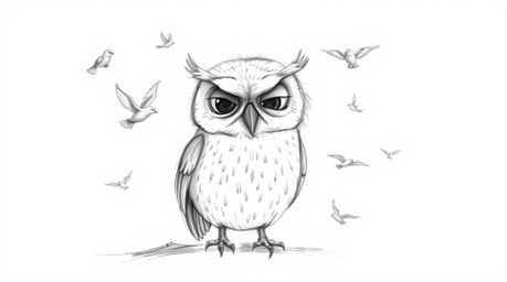 This charming hand-drawn sketch, inspired by Pixar's visual style, depicts a blind owl with a calm and serene demeanor. Surro
