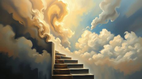 A stunning classic oil painting capturing a close-up view of a winding stairway crafted from smoke and light, ascending into 