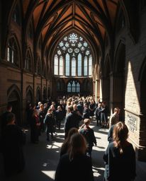 A precise architectural color photograph capturing a magical school brimming with young wizards. The image features direct, h