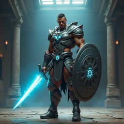 A formidable futuristic gladiator, armored in an intricate metallic exosuit with glowing azure circuits, stands ready in a va
