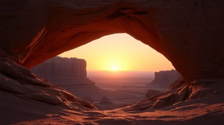 Witness the magic of a mystic sunset filtering through a natural desert rock arch.  Gentle color contrasts paint a dreamlike,