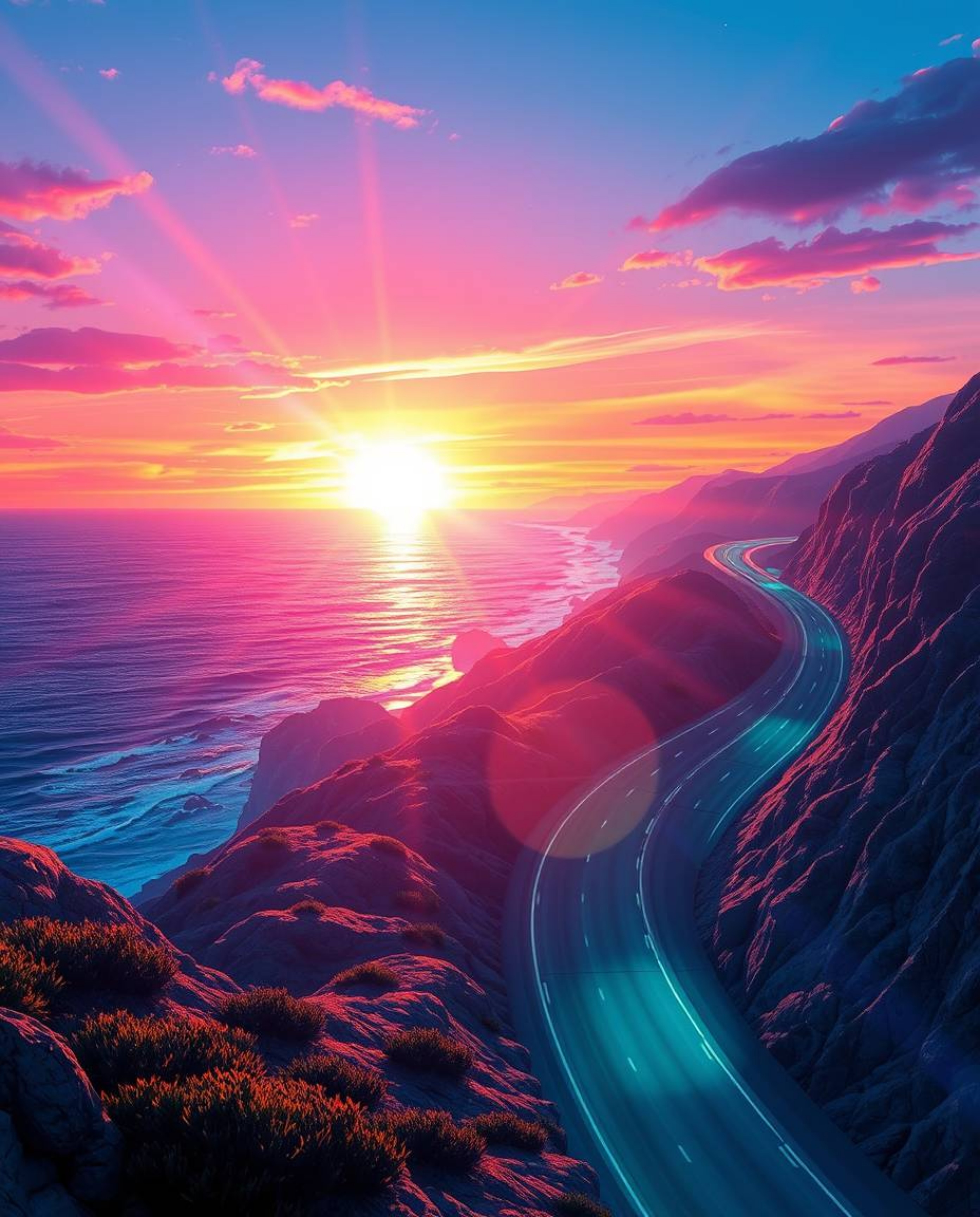 This futuristic sci-fi digital illustration depicts a winding coastal highway at sunset, reimagined with a high-tech twist. T
