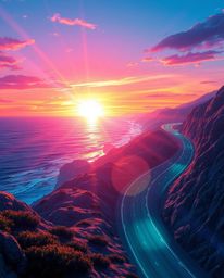 This futuristic sci-fi digital illustration depicts a winding coastal highway at sunset, reimagined with a high-tech twist. T