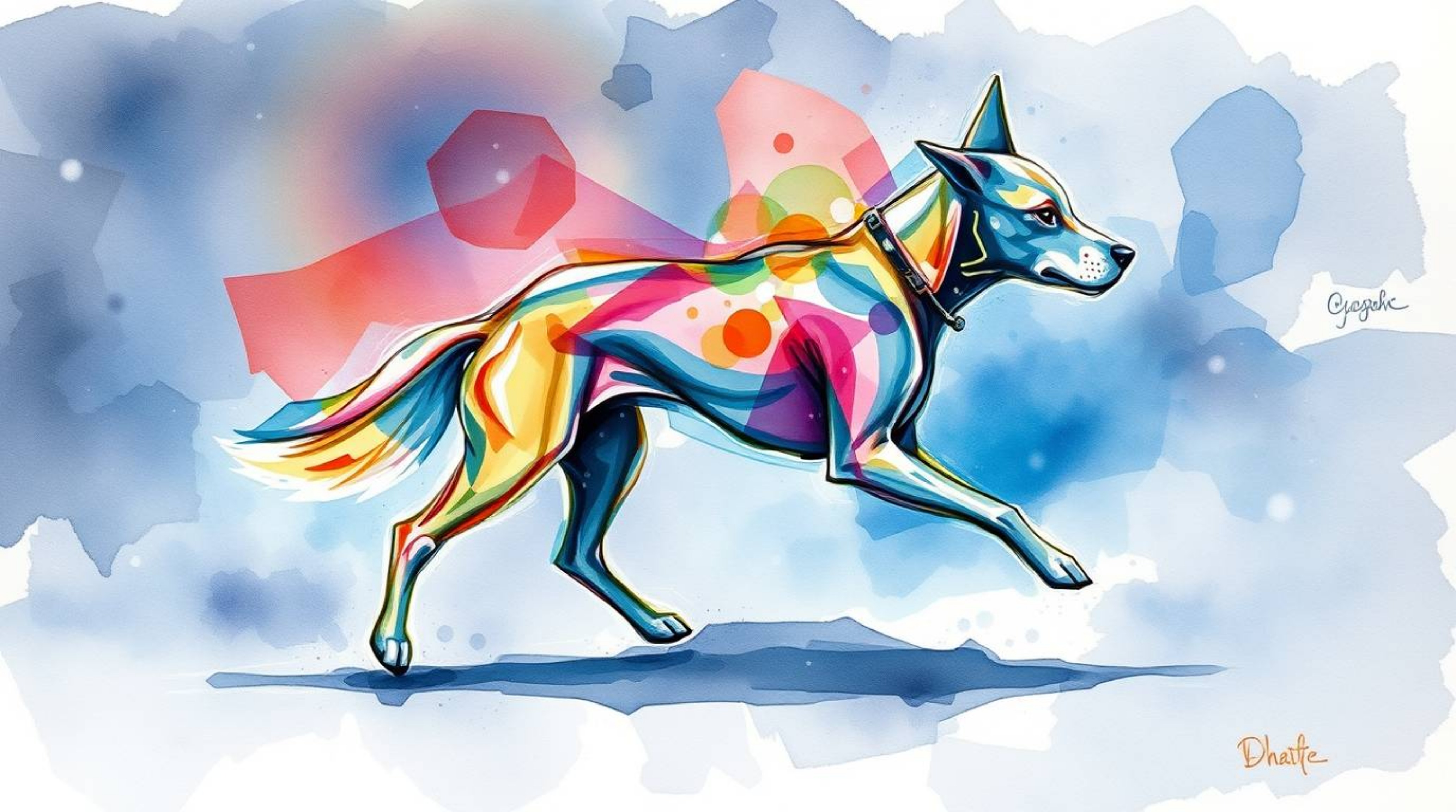 A vibrant watercolor painting depicts a futuristic dog taking a stroll through space.  The artwork features iridescent colors