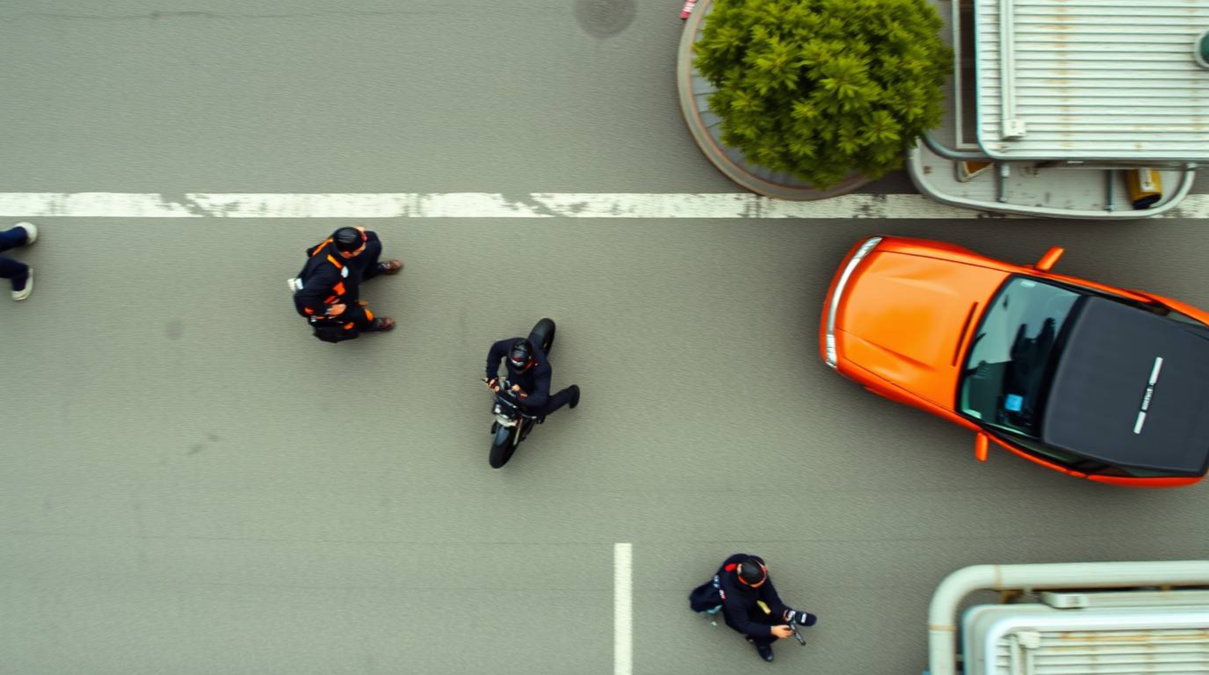 This high-resolution stock photo features a captivating chase scene captured from an overhead, bird's-eye view. The image uti