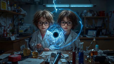 A cinematic photograph, rendered in a whimsical and dramatic Pixar-inspired style, captures two enthusiastic 12-year-old scie