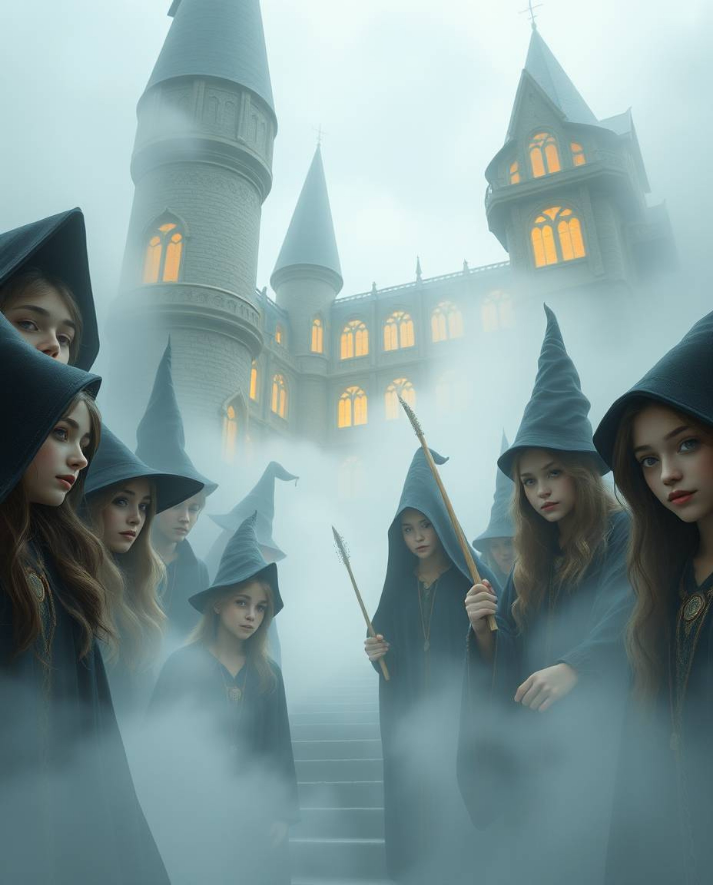 Explore a magical school shrouded in thick fog, brimming with young wizards rendered in an elegant and graceful style.  The r
