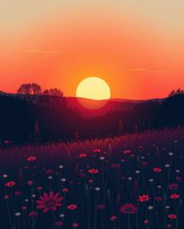 A sophisticated and elegant illustration captures a serene sunset over a spring wildflower meadow, bathed in the warm glow of
