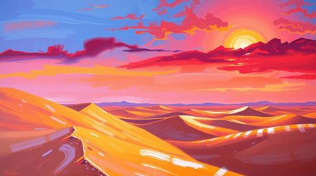 A captivating bold acrylic painting depicts a breathtaking sunset at the edge of a desert.  Golden dunes stretch across the l