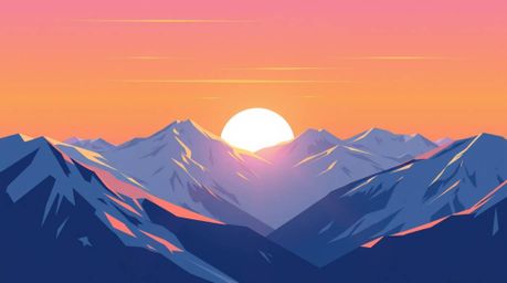 A captivating modern flat design illustration showcases snow-covered mountains bathed in the warm glow of a pastel sunset.  S