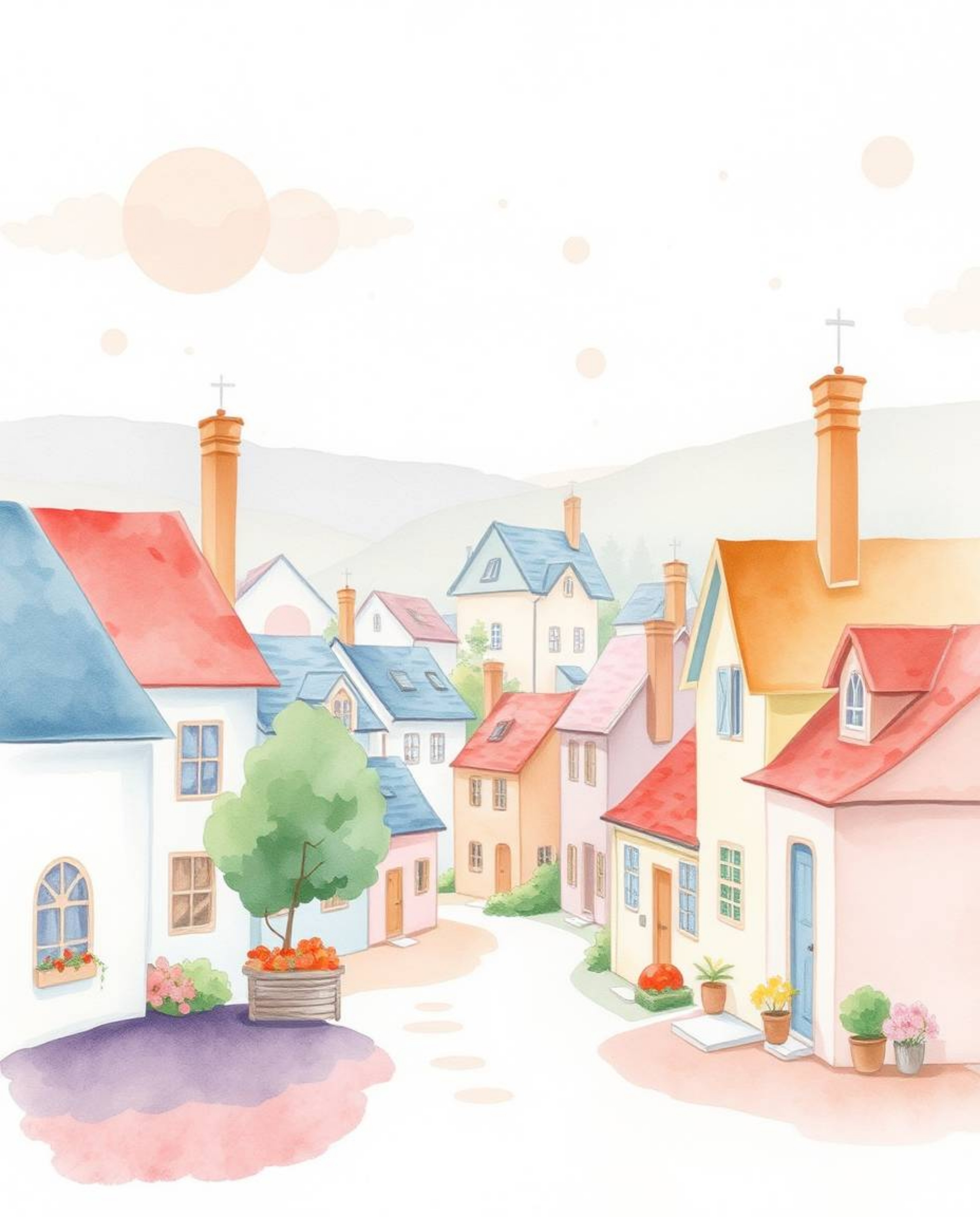 This delicate watercolor painting captures the charm of a sleepy town with its pastel-colored houses and adorable features.  