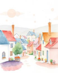 This delicate watercolor painting captures the charm of a sleepy town with its pastel-colored houses and adorable features.  