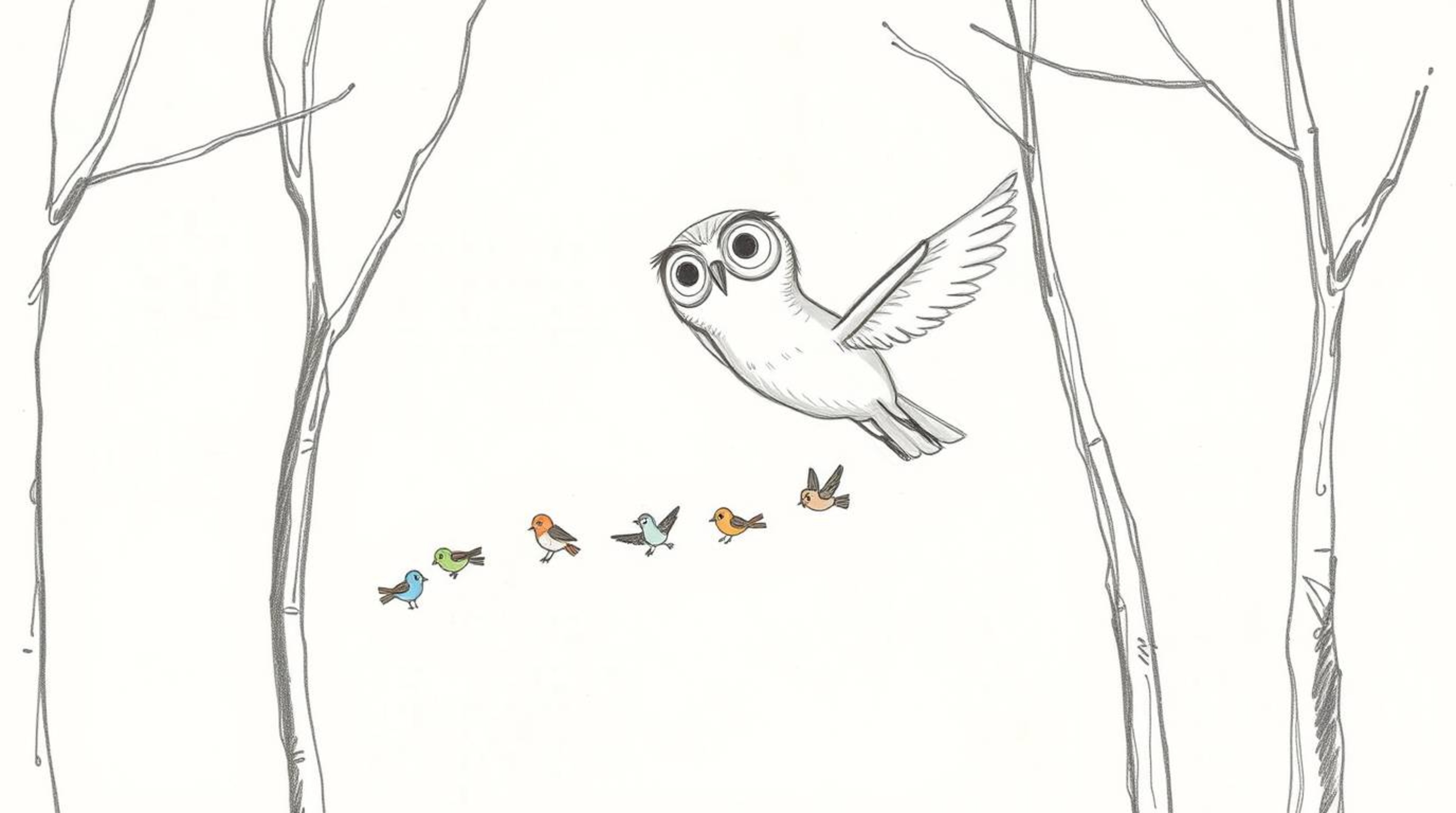 A whimsical, hand-drawn sketch in the style of Pixar depicts a blind owl gracefully gliding between trees, leading a flock of