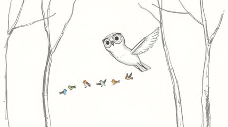 A whimsical, hand-drawn sketch in the style of Pixar depicts a blind owl gracefully gliding between trees, leading a flock of
