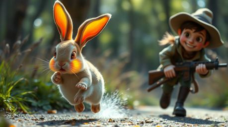 Witness a hilarious and visually stunning chase scene featuring a charming bioluminescent rabbit with vibrant glowing colors 