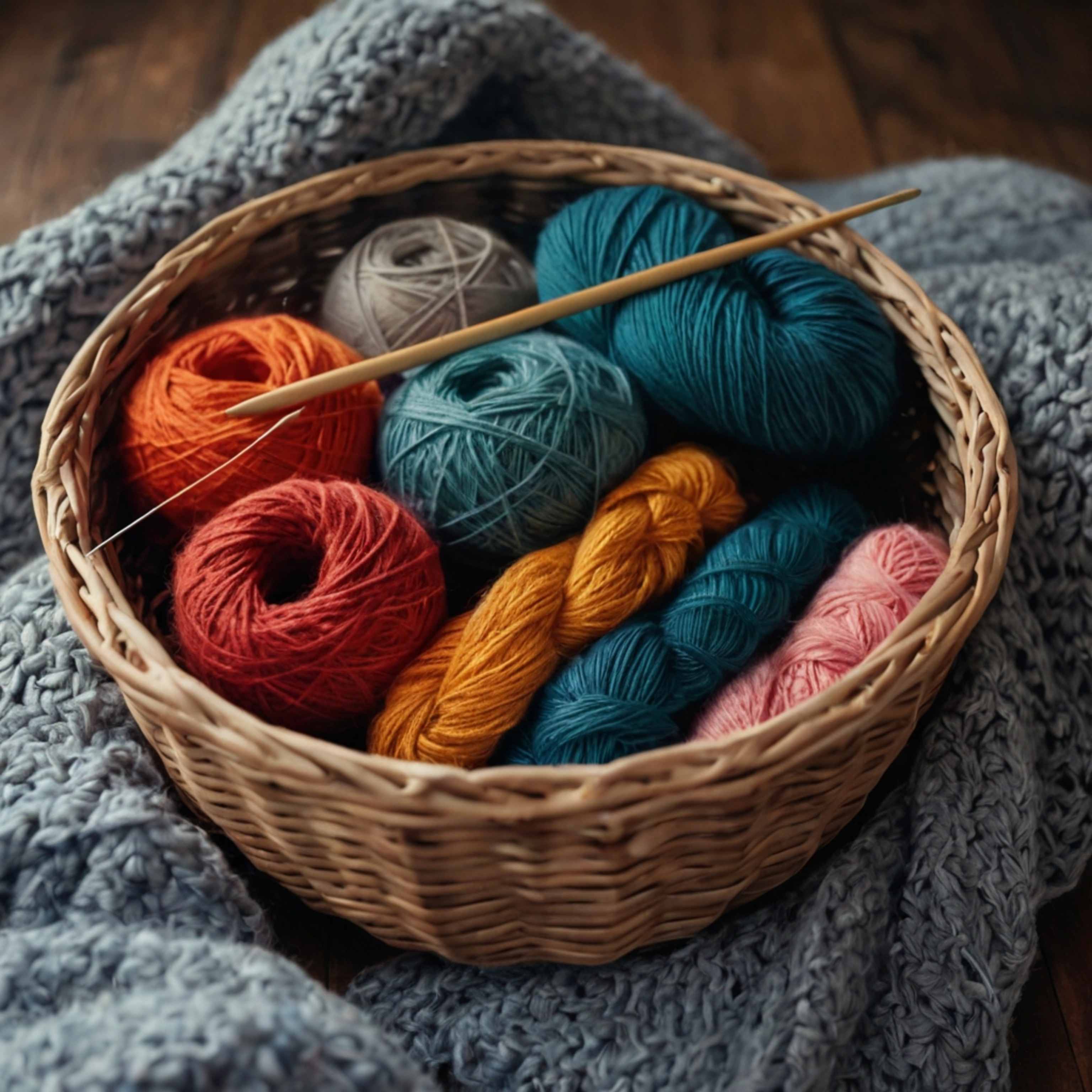 A vibrant image of a crafting scene. A basket overflows with colorful yarns, inviting creativity and warmth. Beside it, a pa